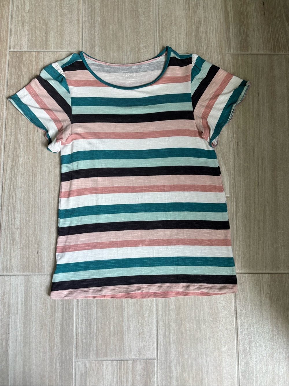 LOFT Outlet XS Petite Striped Crew Neck Tee in Teal, Pink & Light Black